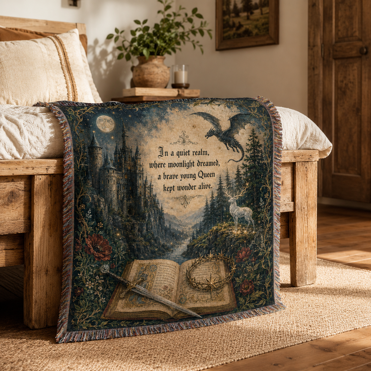 Moonlit queen fantasy woven blanket draped over a rustic wooden bench in a warm interior