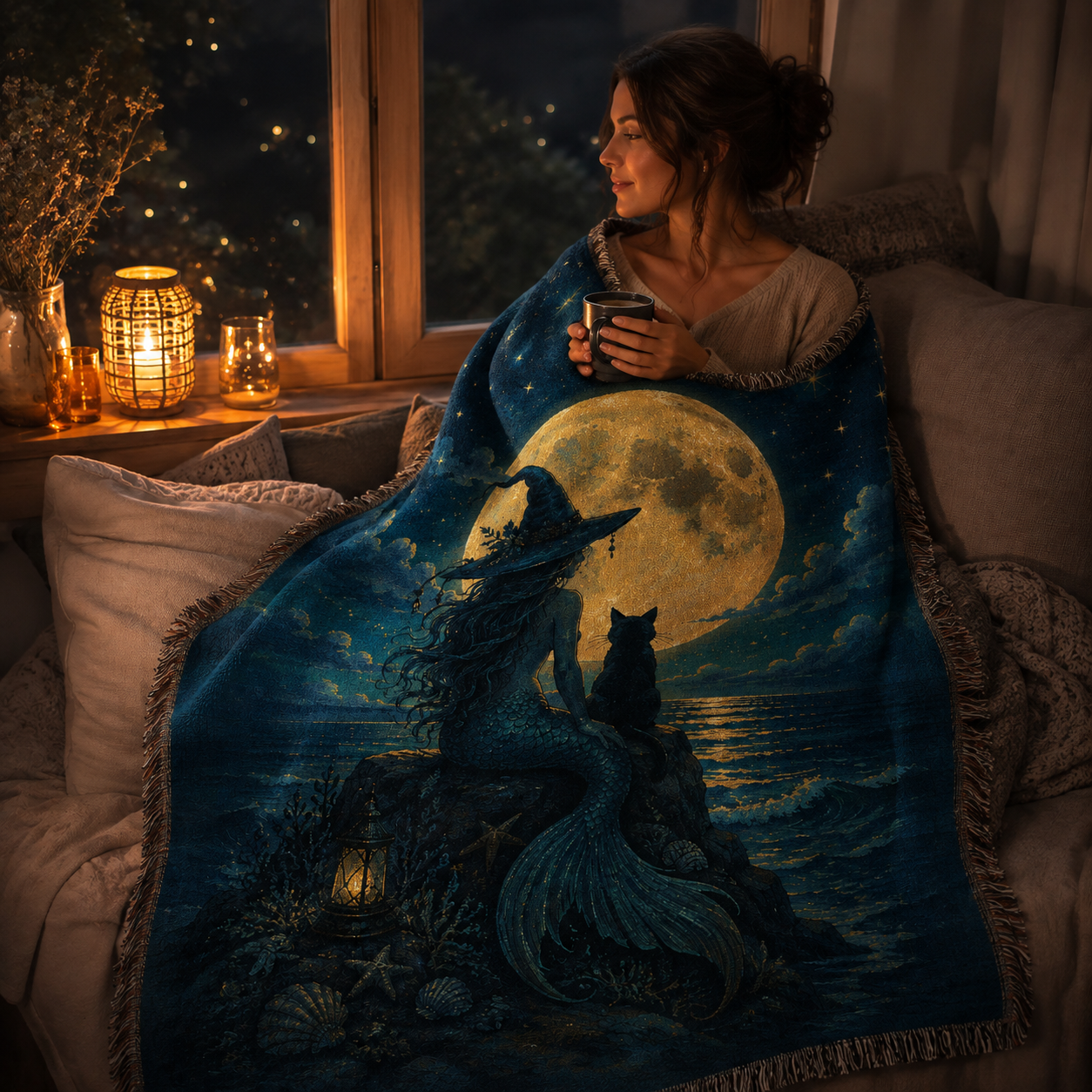 Woman wrapped in moonlit sea witch mermaid woven blanket beside a window at night