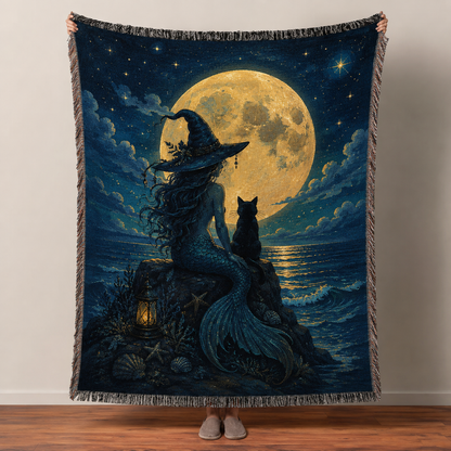 Moonlit sea witch mermaid and black cat woven blanket with full moon and fringe