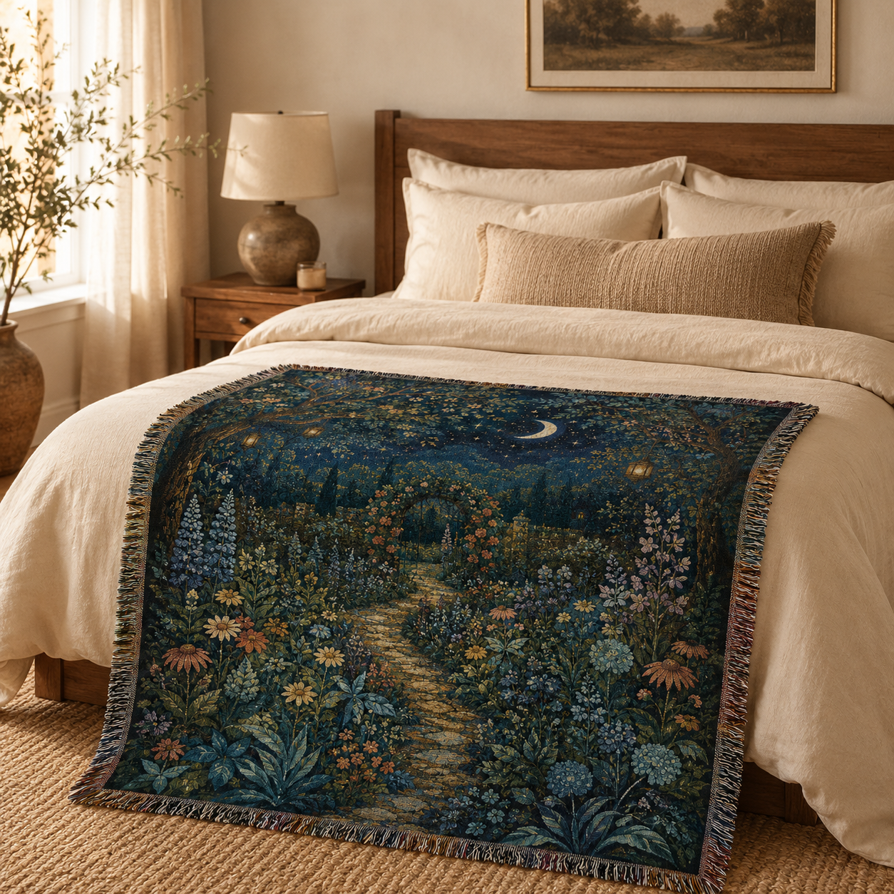 Moonlit secret garden woven blanket styled across a cozy bed