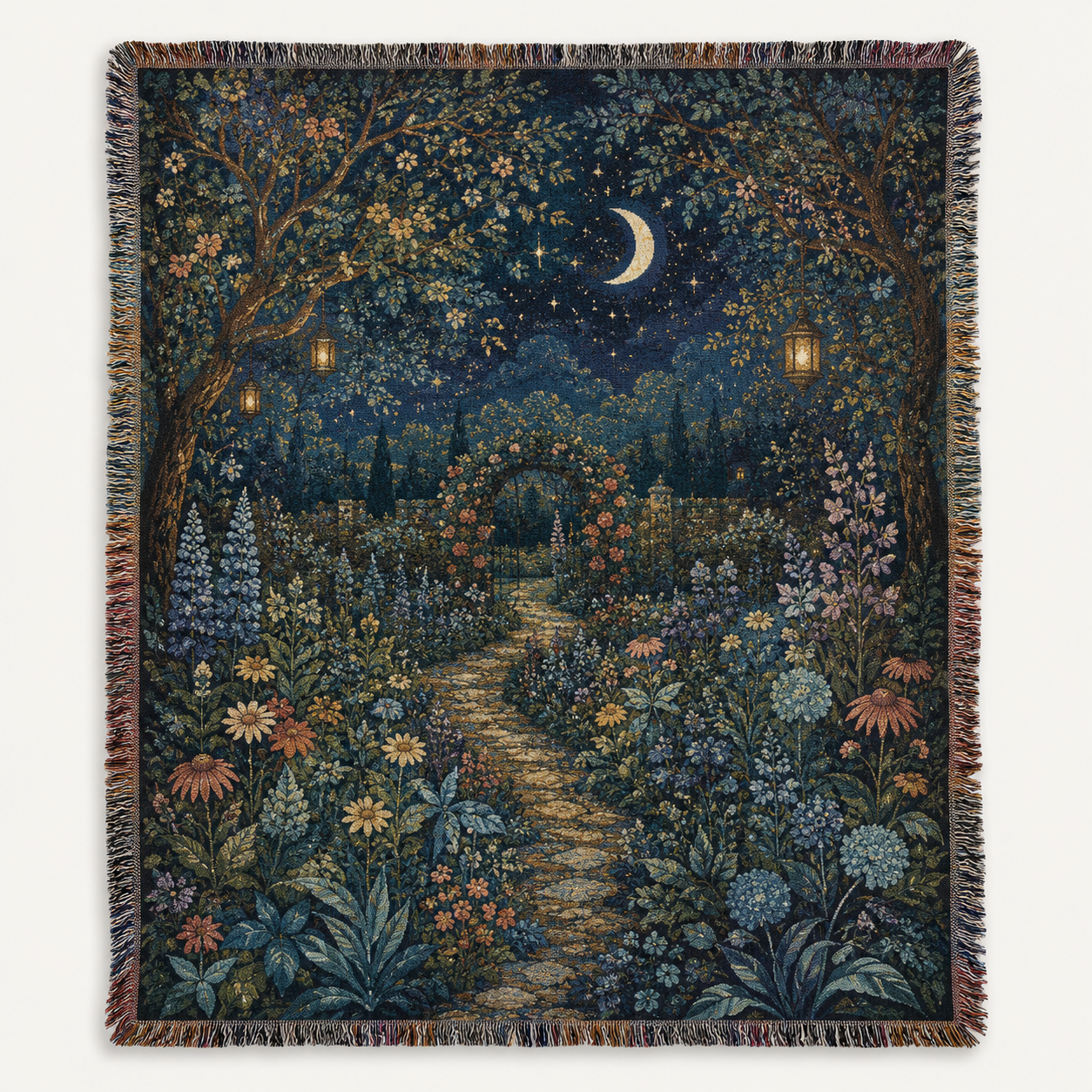 Moonlit secret garden woven blanket with crescent moon and glowing lanterns
