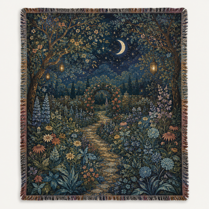 Moonlit secret garden woven blanket with crescent moon and glowing lanterns