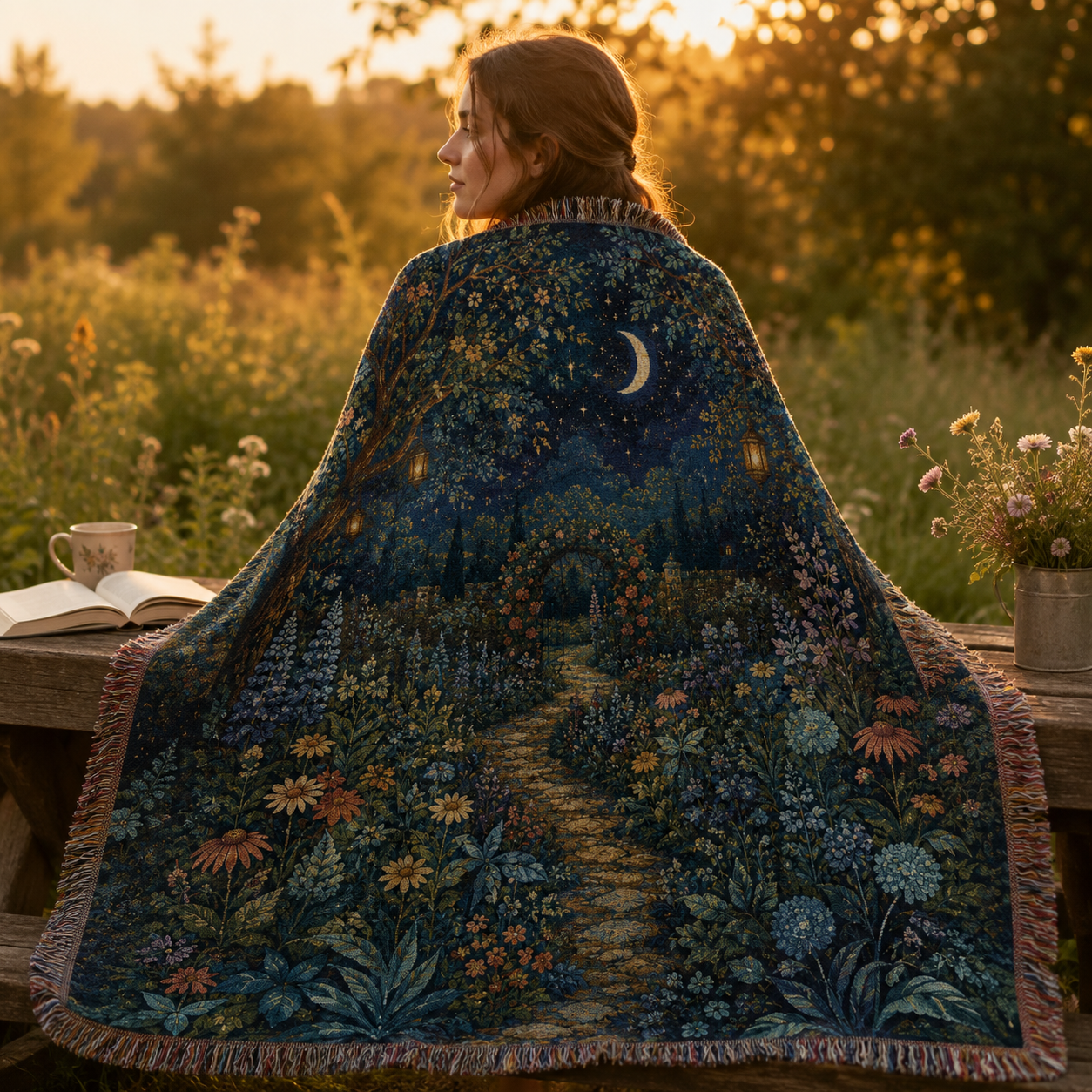 Moonlit secret garden woven blanket used outdoors at golden hour