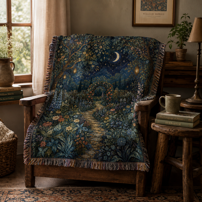 Moonlit secret garden woven blanket draped over a rustic reading chair