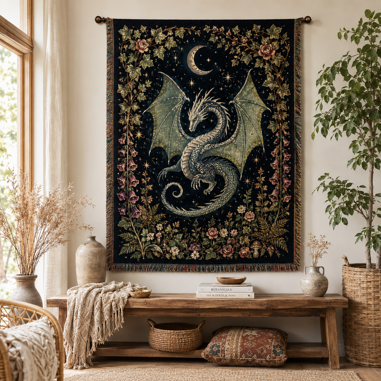 Moonlit silver teal dragon woven tapestry blanket with crescent moon and botanical border