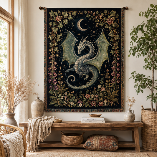 Moonlit silver teal dragon woven tapestry blanket with crescent moon and botanical border