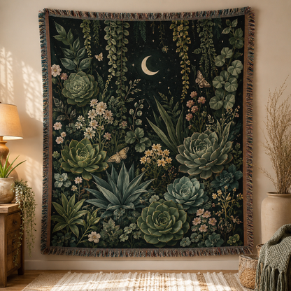 Moonlit succulent garden woven blanket with crescent moon, botanical foliage, moths and fringe