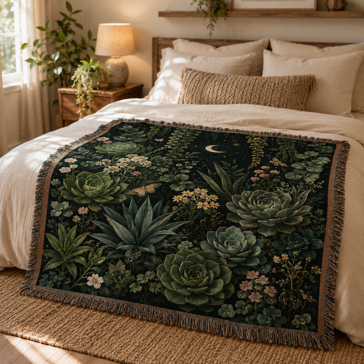 Dark botanical succulent woven blanket displayed across a cozy boho bedroom