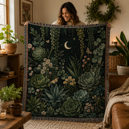 Woman holding a moonlit succulent botanical woven blanket in a cozy home