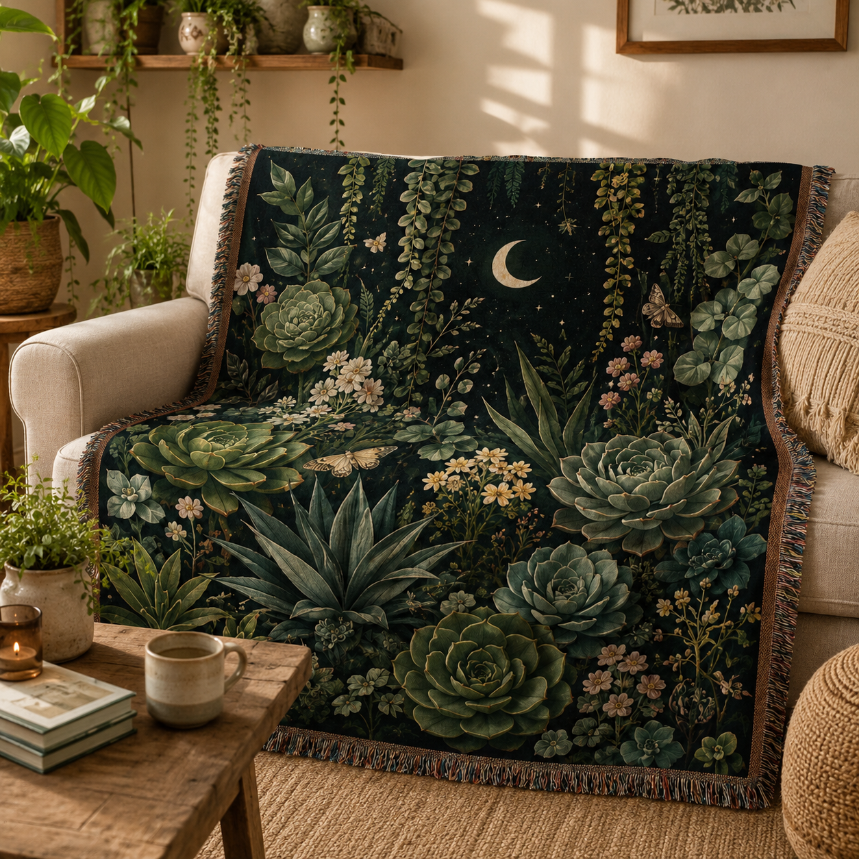 Moonlit succulent botanical woven blanket styled on a neutral living room sofa