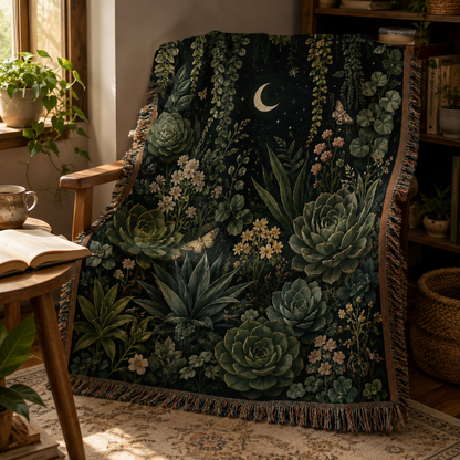Celestial succulent woven blanket draped over a wooden reading chair