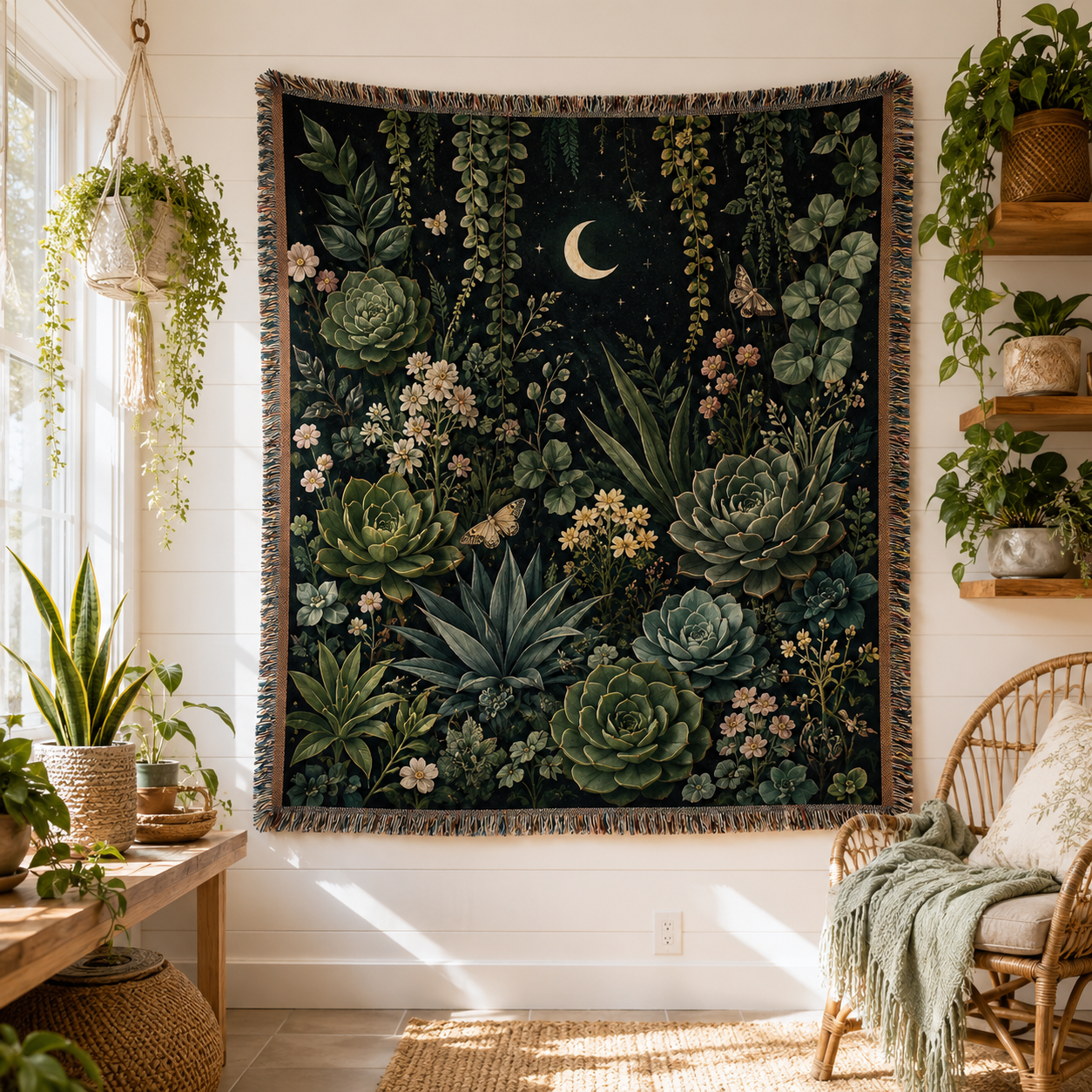 Moonlit succulent woven tapestry displayed in a bright plant-filled sunroom