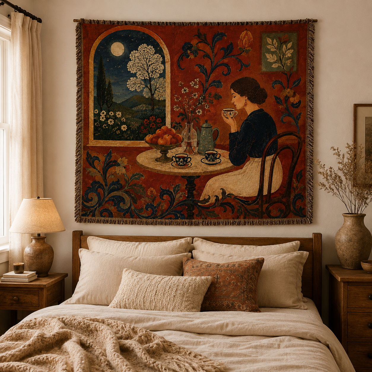 Moonlit tea room woven tapestry blanket hanging above a cozy neutral bedroom bed