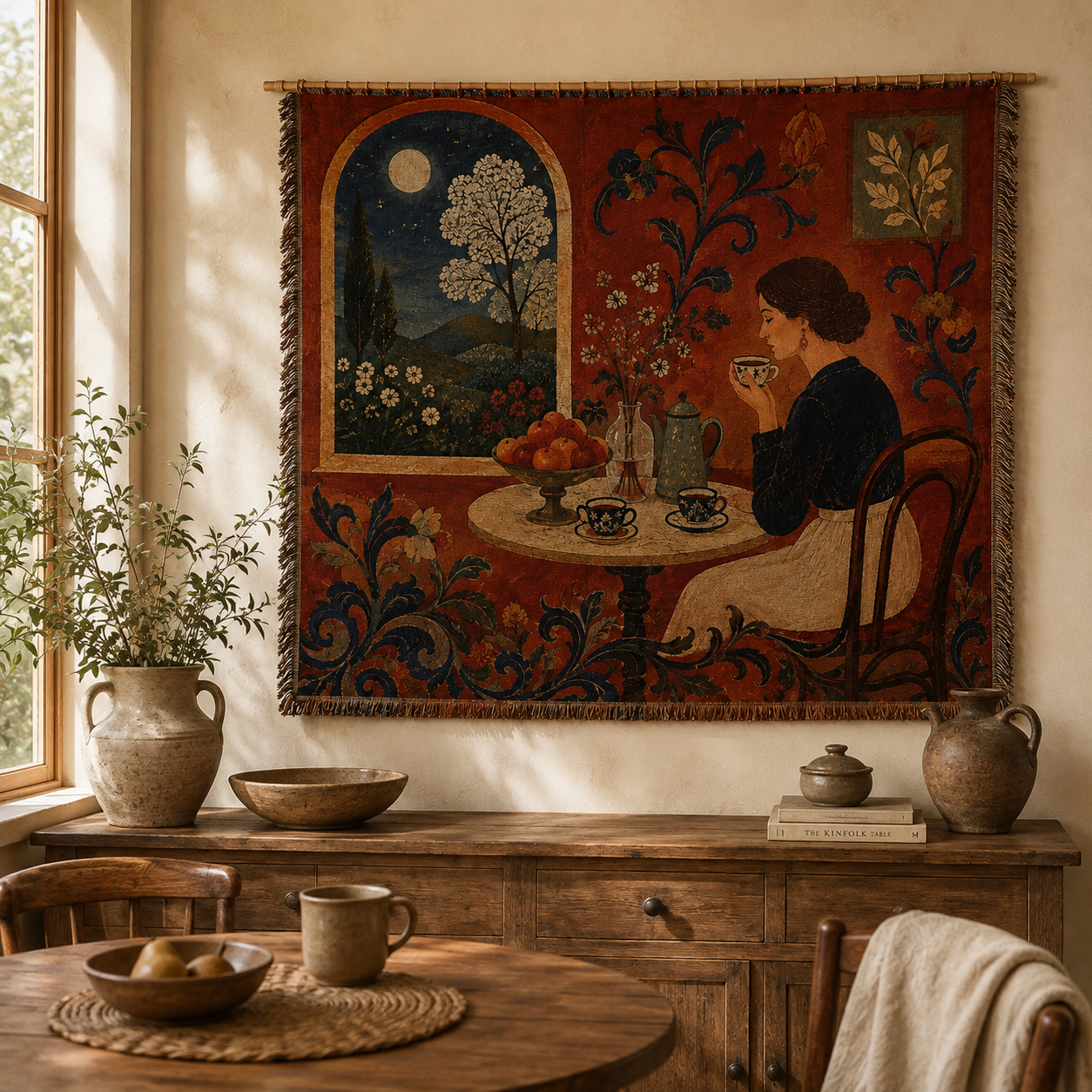 Moonlit tea room woven tapestry blanket styled in a rustic dining room with pottery