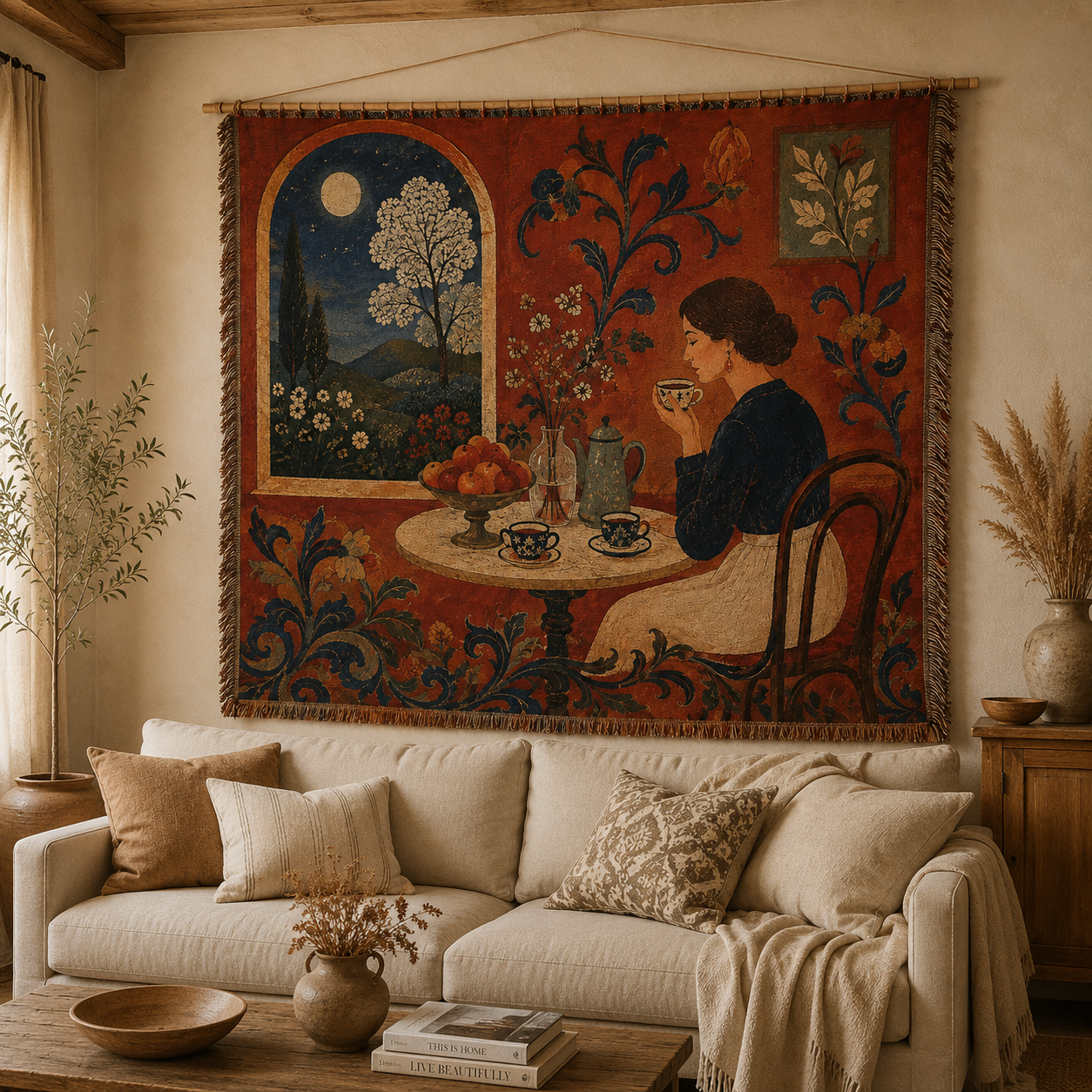 Moonlit tea room woven tapestry blanket displayed above a warm rustic living room sofa