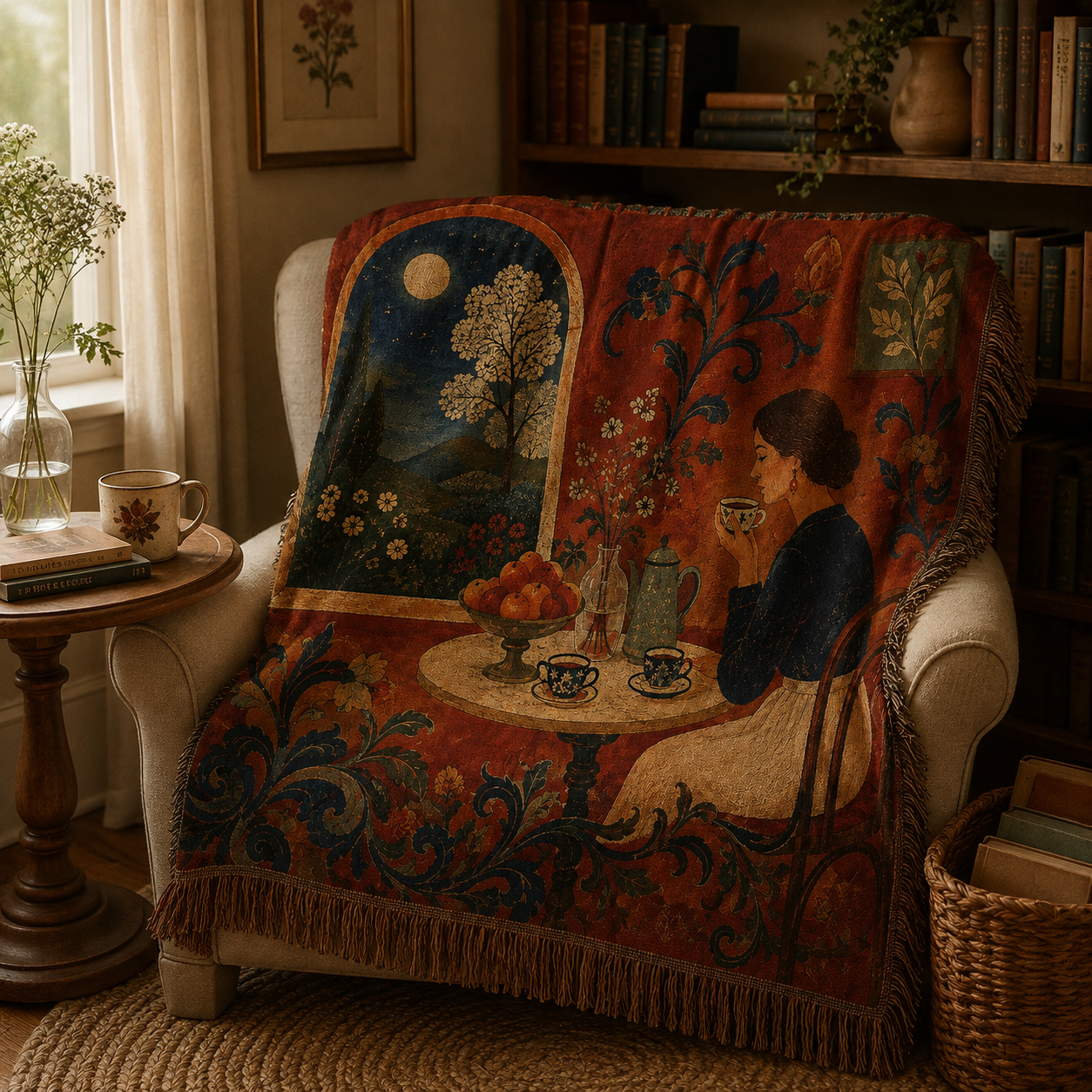 Moonlit tea room woven blanket draped over an armchair in a cozy reading nook