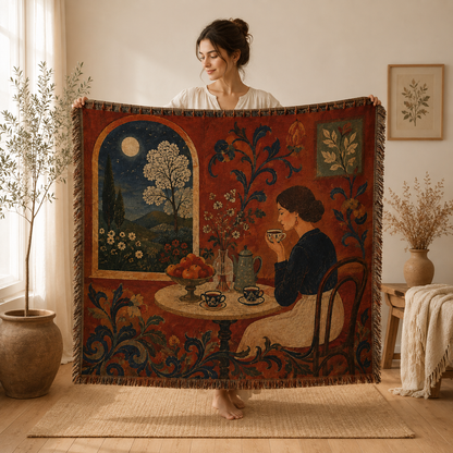 Woman presenting a moonlit tea room woven tapestry blanket for size and scale