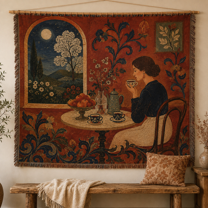 Moonlit tea room woven tapestry blanket with woman botanical artwork and fringe