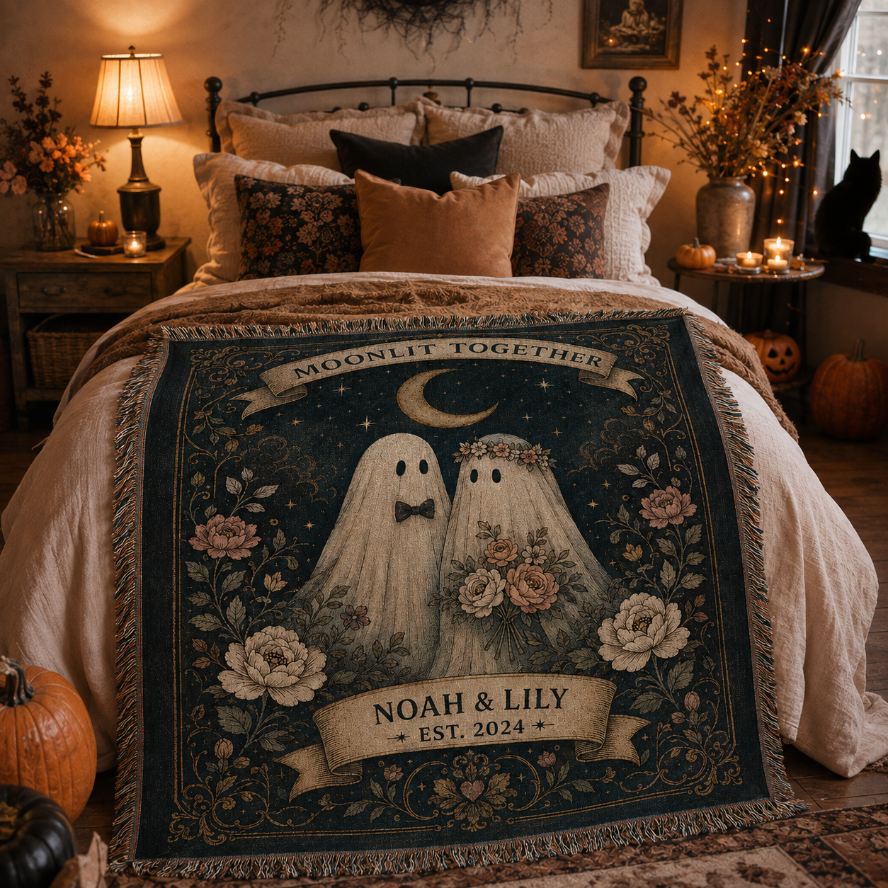 Personalized Moonlit Together ghost woven blanket displayed across a cozy Halloween bedroom