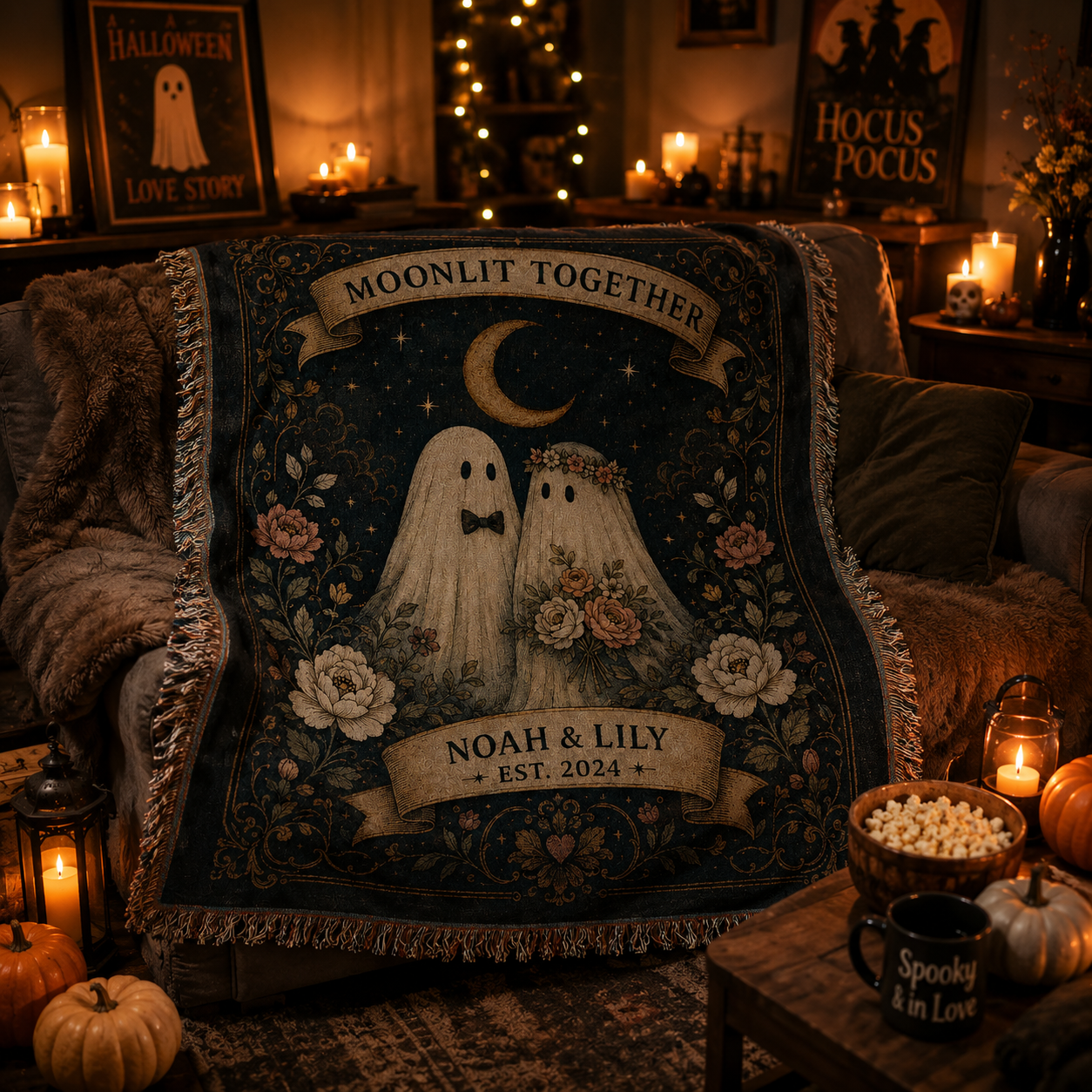 Personalized Moonlit Together ghost woven blanket in a romantic Halloween movie night setting