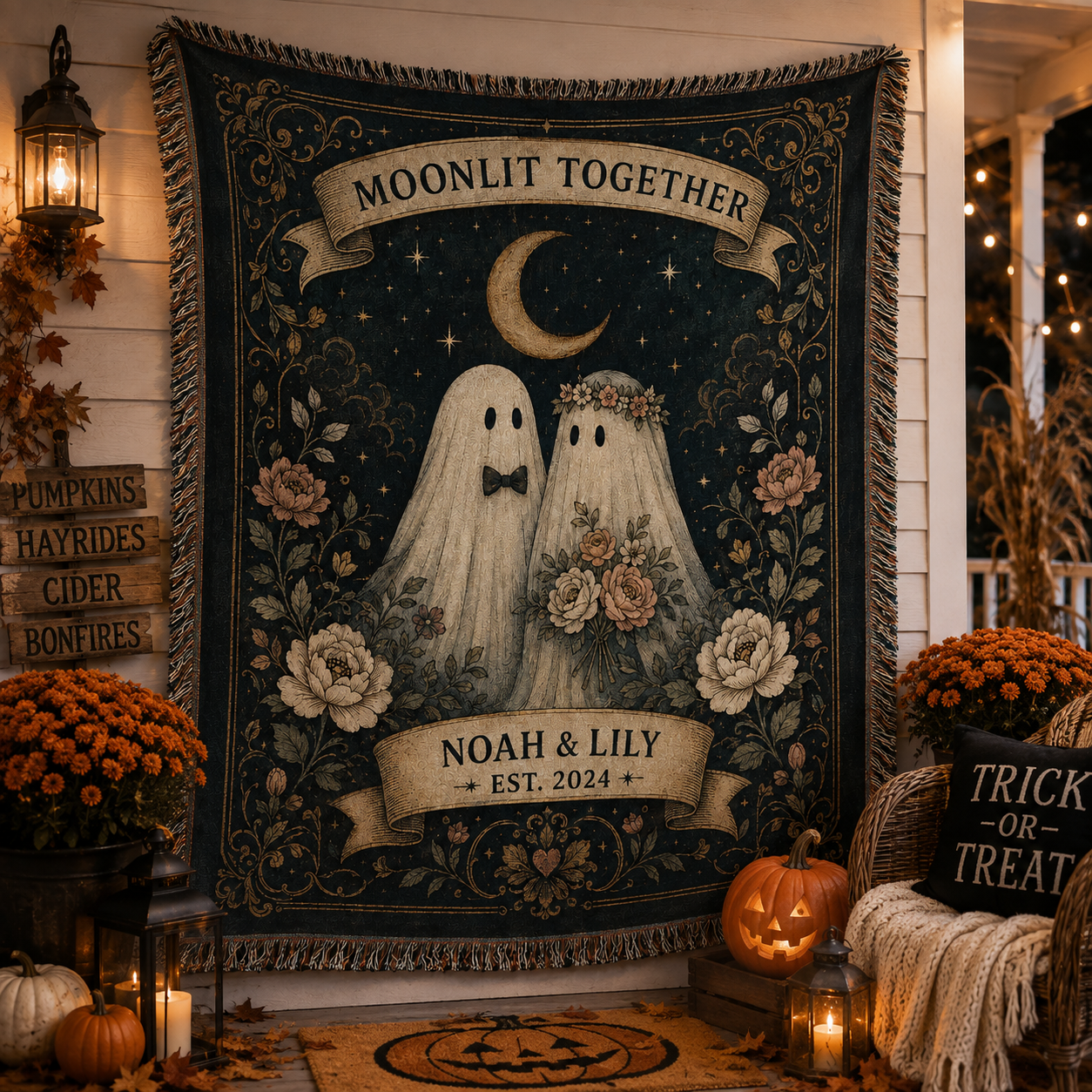 Personalized ghost couple woven blanket hanging on a decorated autumn Halloween porch