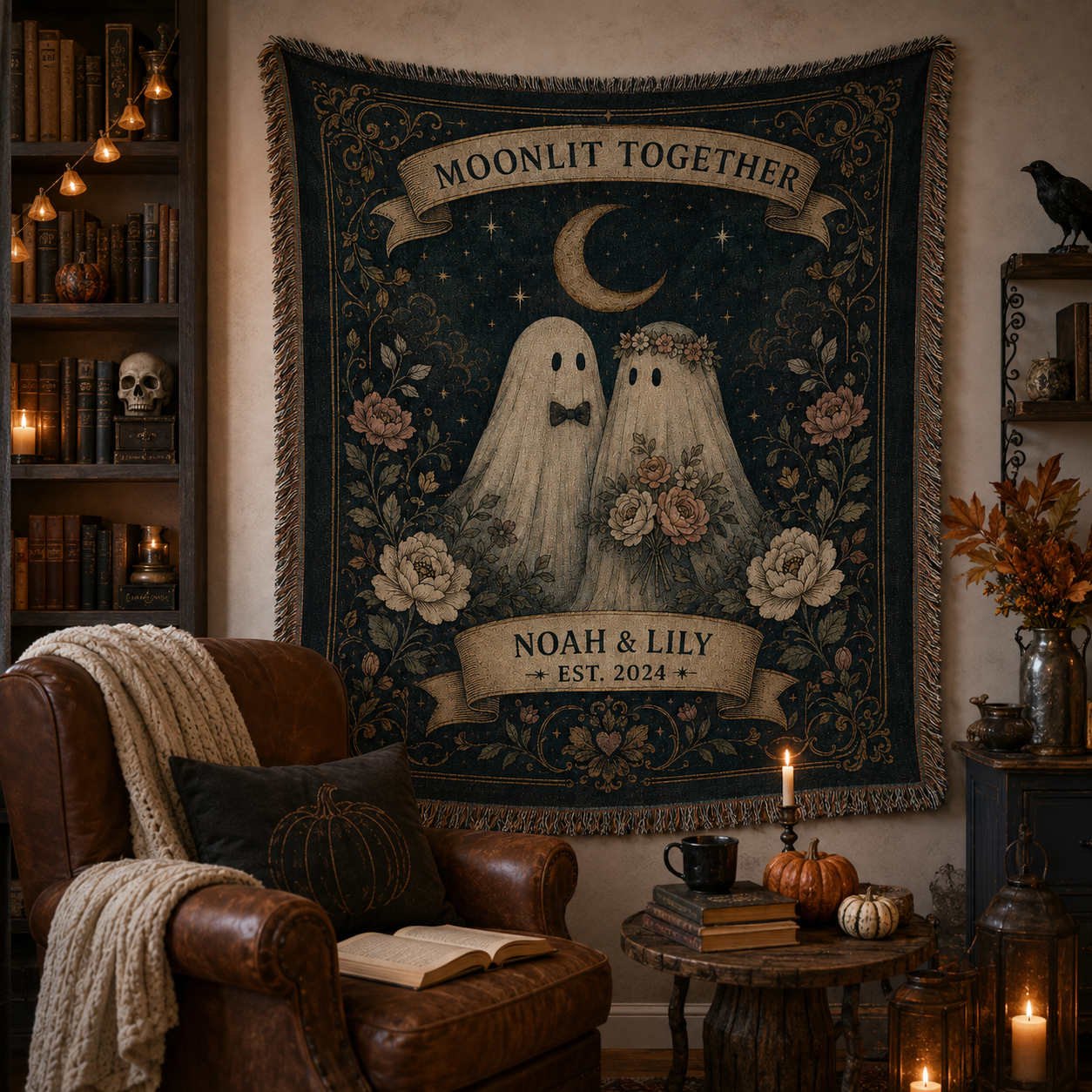 Personalized ghost couple woven blanket displayed as Halloween wall decor in a cozy reading nook