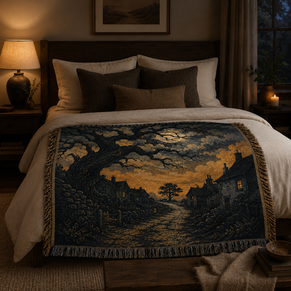 Moonlit gothic village woven blanket styled across the foot of a cozy bed