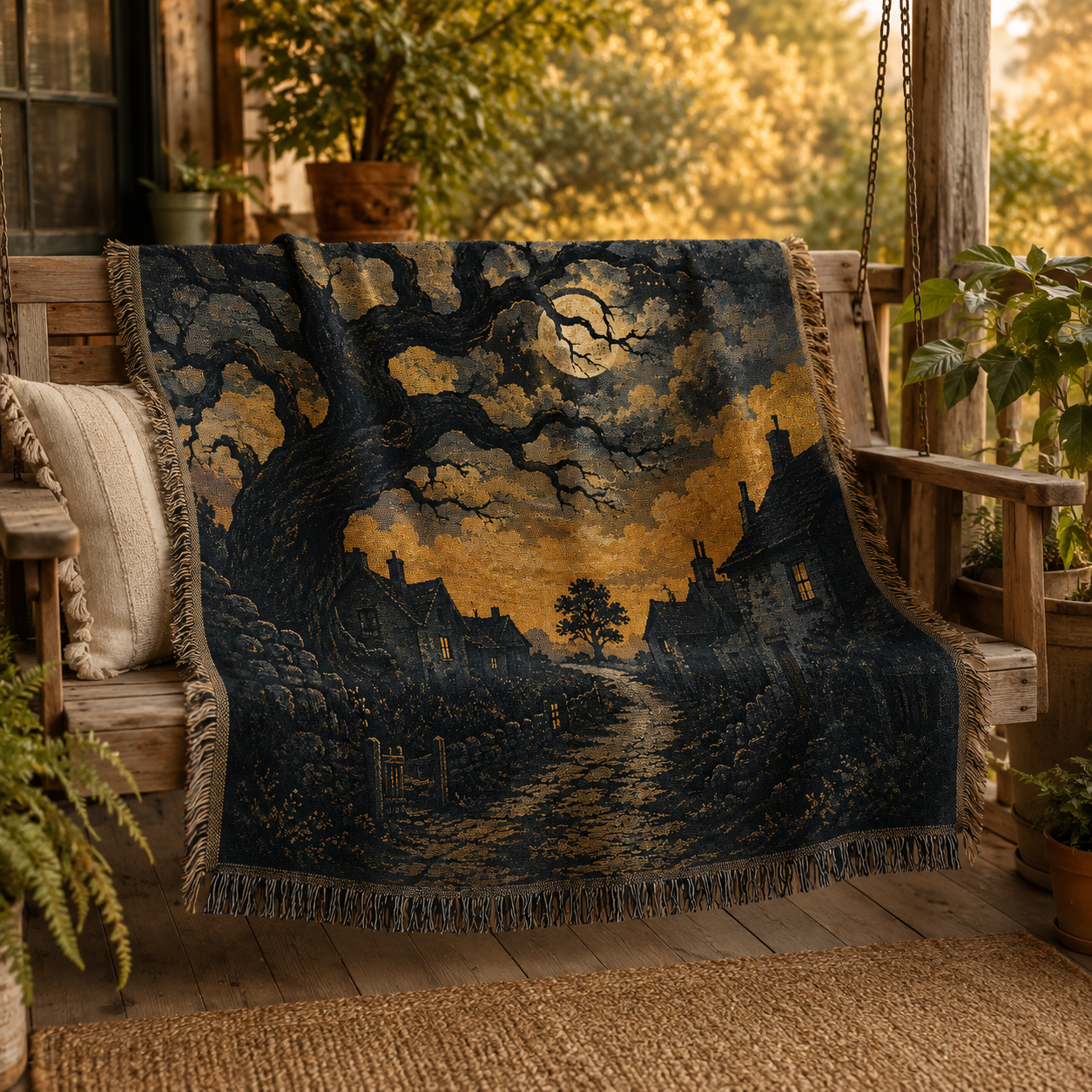 Gothic moonlit village woven blanket styled on a rustic porch swing