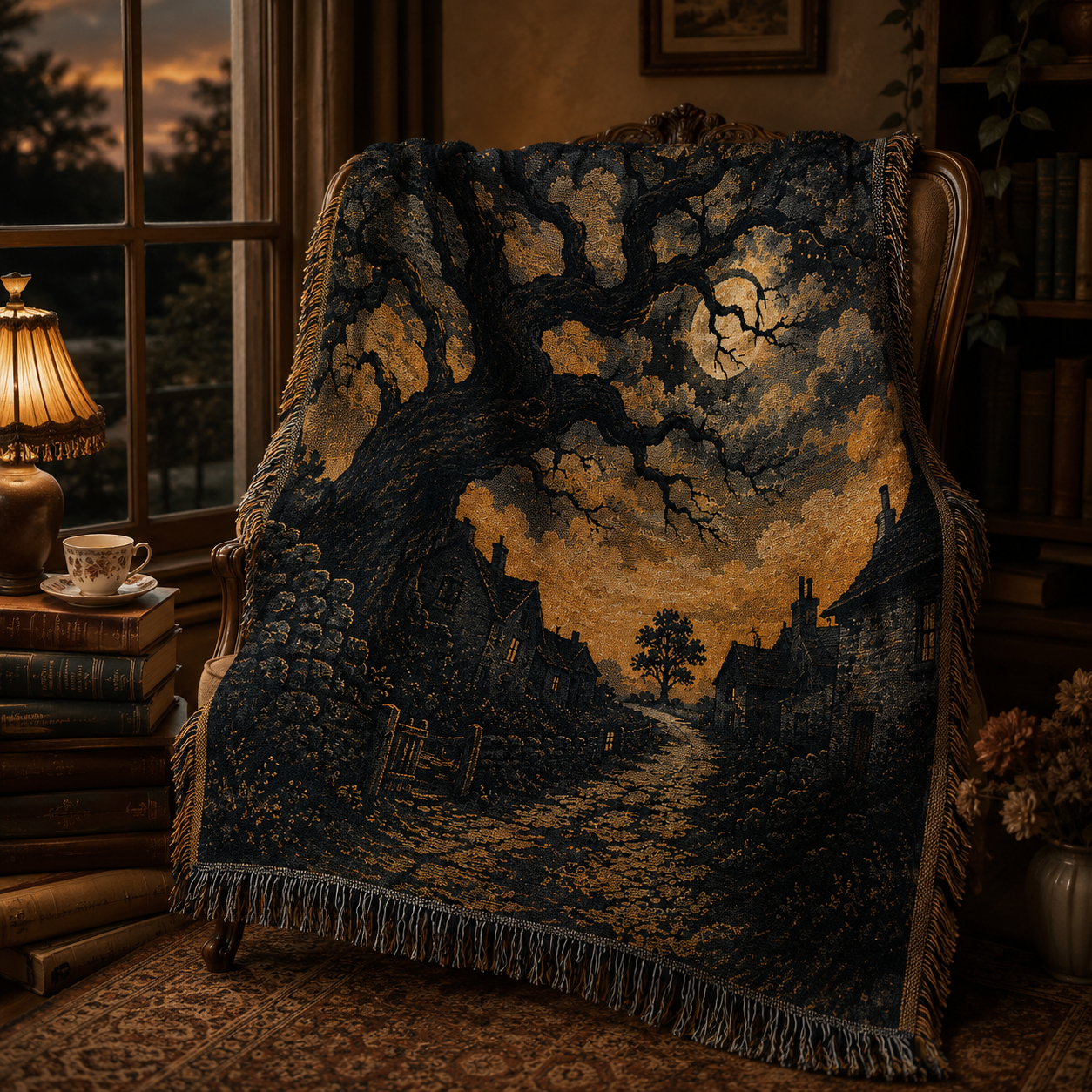 Dark cottagecore woven blanket displayed on a vintage reading chair