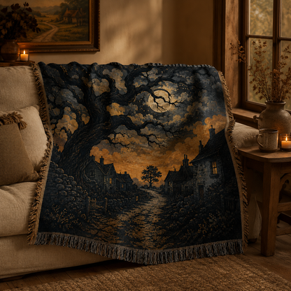 Gothic moonlit village woven blanket draped over a cozy neutral sofa