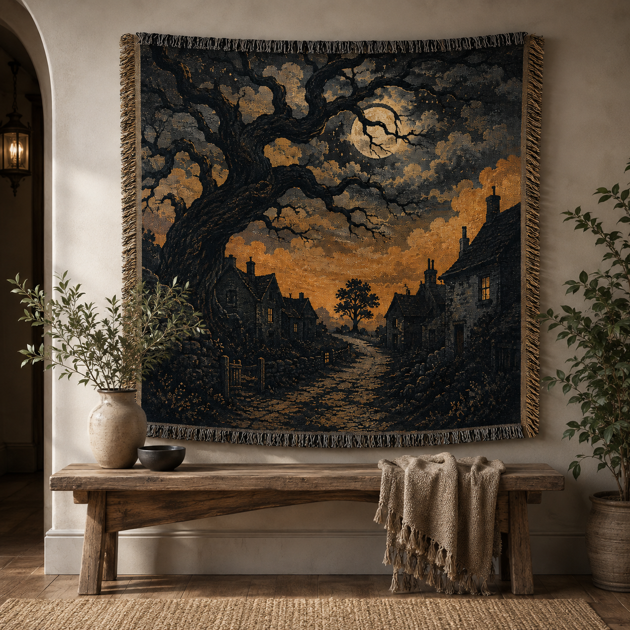 Moonlit village woven blanket displayed as gothic wall tapestry decor