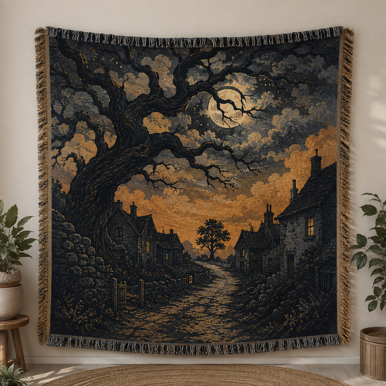 Moonlit village woven blanket with gothic oak tree full moon cottages and fringe