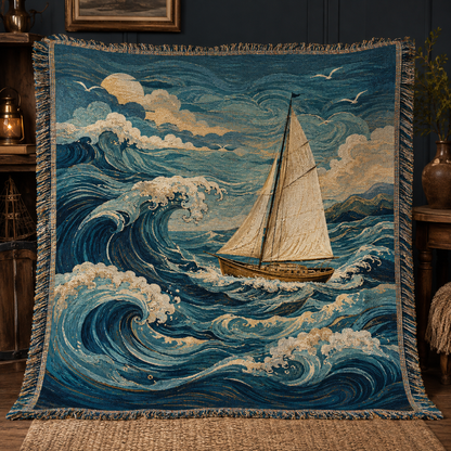 Moonlit Voyage sailboat woven blanket with dramatic blue waves and decorative fringe
