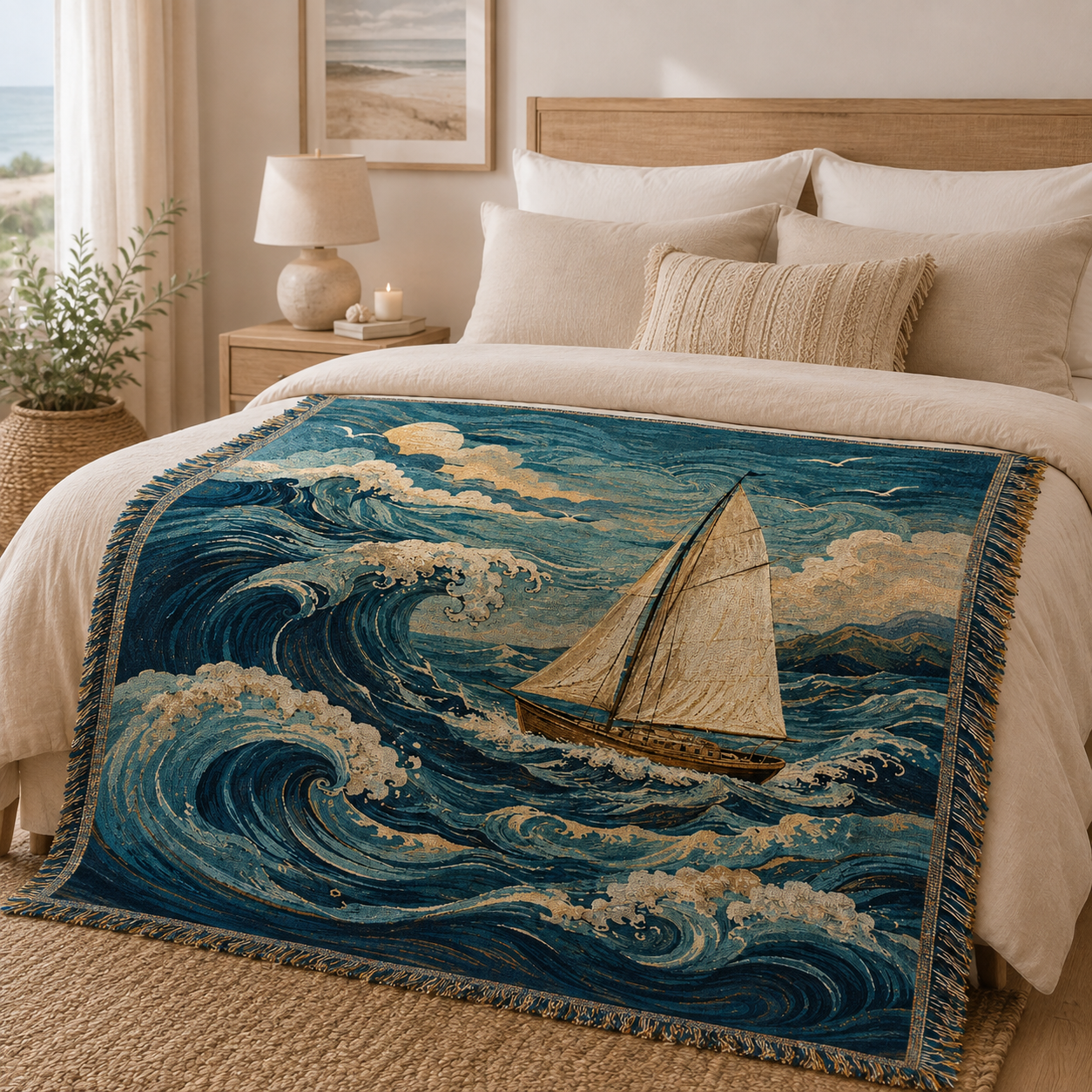Moonlit Voyage sailboat woven blanket styled across a serene coastal bedroom bed