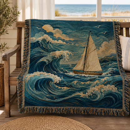 Moonlit Voyage ocean woven blanket draped over a wooden bench on a coastal porch