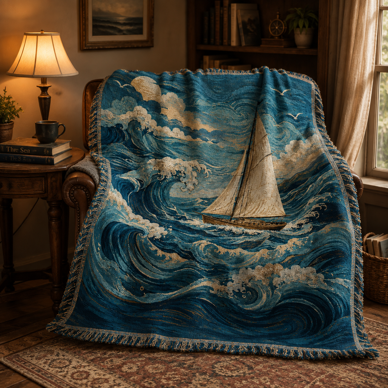 Moonlit Voyage nautical woven blanket displayed on a leather reading chair