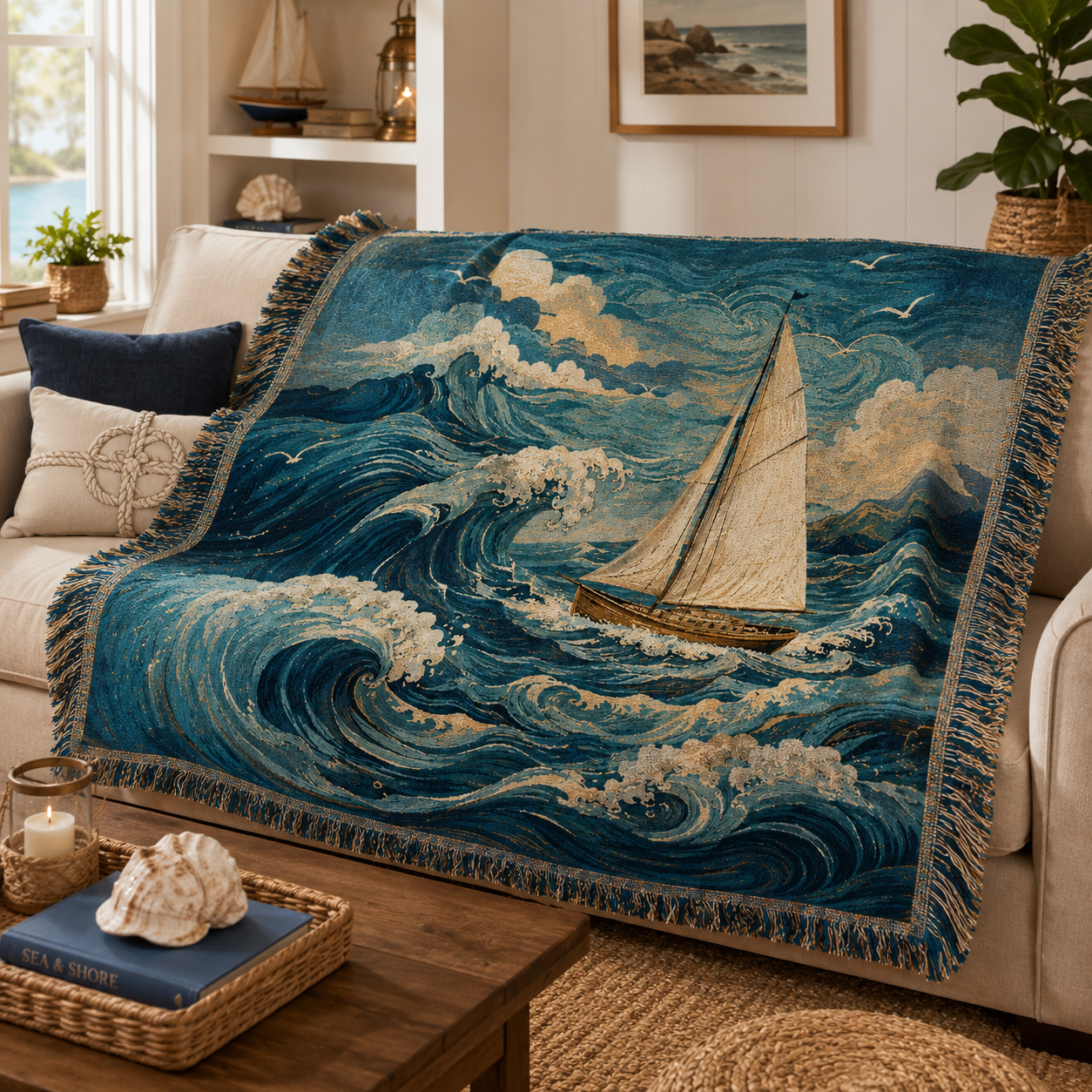 Moonlit Voyage ocean sailboat woven blanket draped over a coastal living room sofa