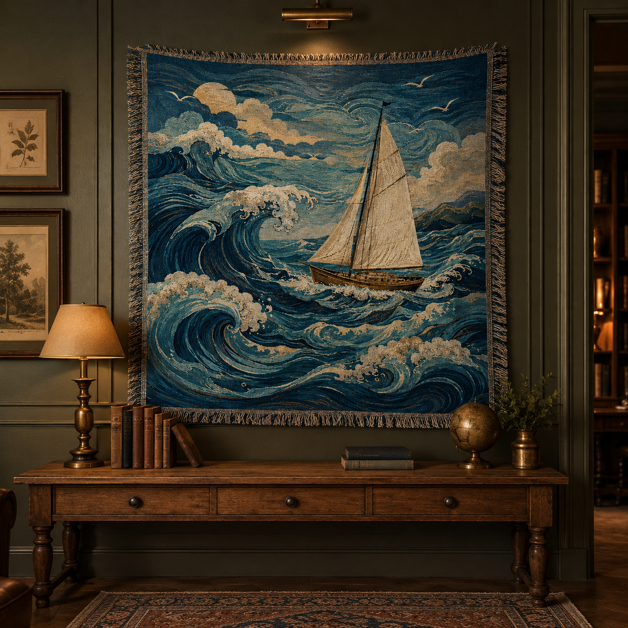 Moonlit Voyage sailboat woven blanket displayed as nautical wall tapestry in a classic study