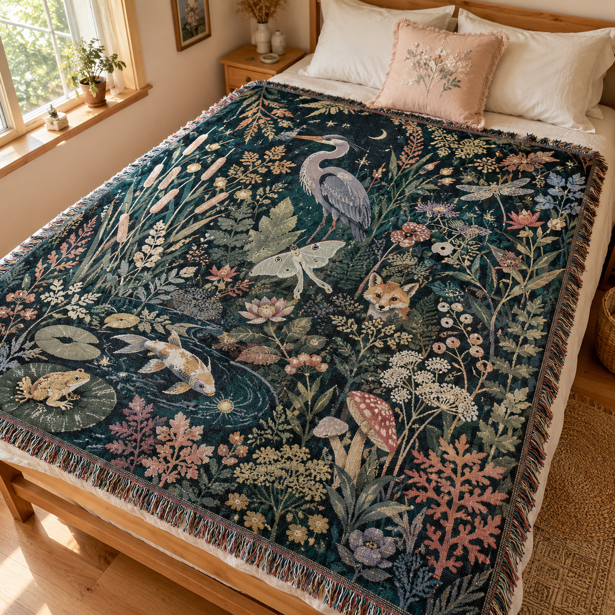 Moonlit wetland garden woven blanket with heron fox moth koi frog and botanical tapestry artwork