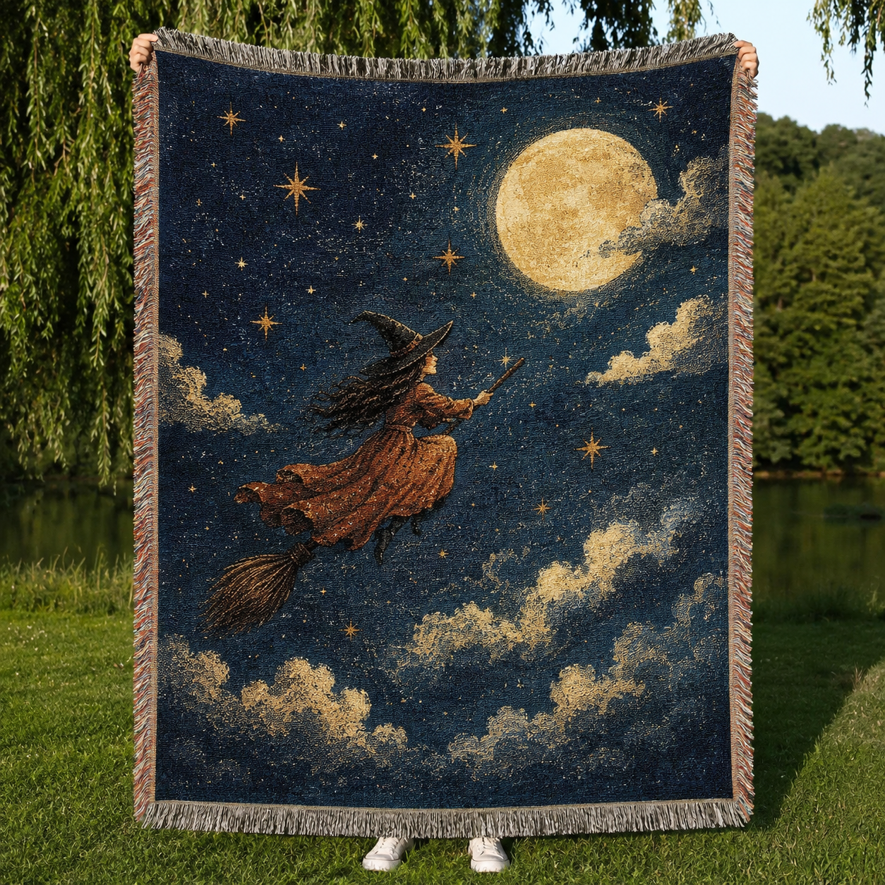 Moonlit witch Halloween woven blanket with full moon stars clouds and fringe