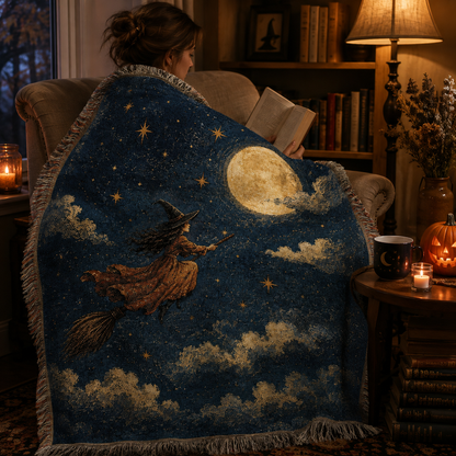 Reader wrapped in moonlit witch Halloween woven blanket in a cozy reading nook