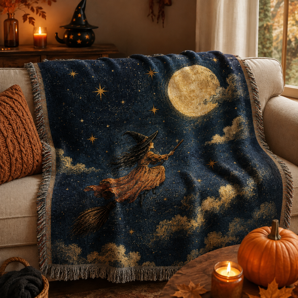 Moonlit witch Halloween woven blanket softly draped on a cozy sofa with fringe