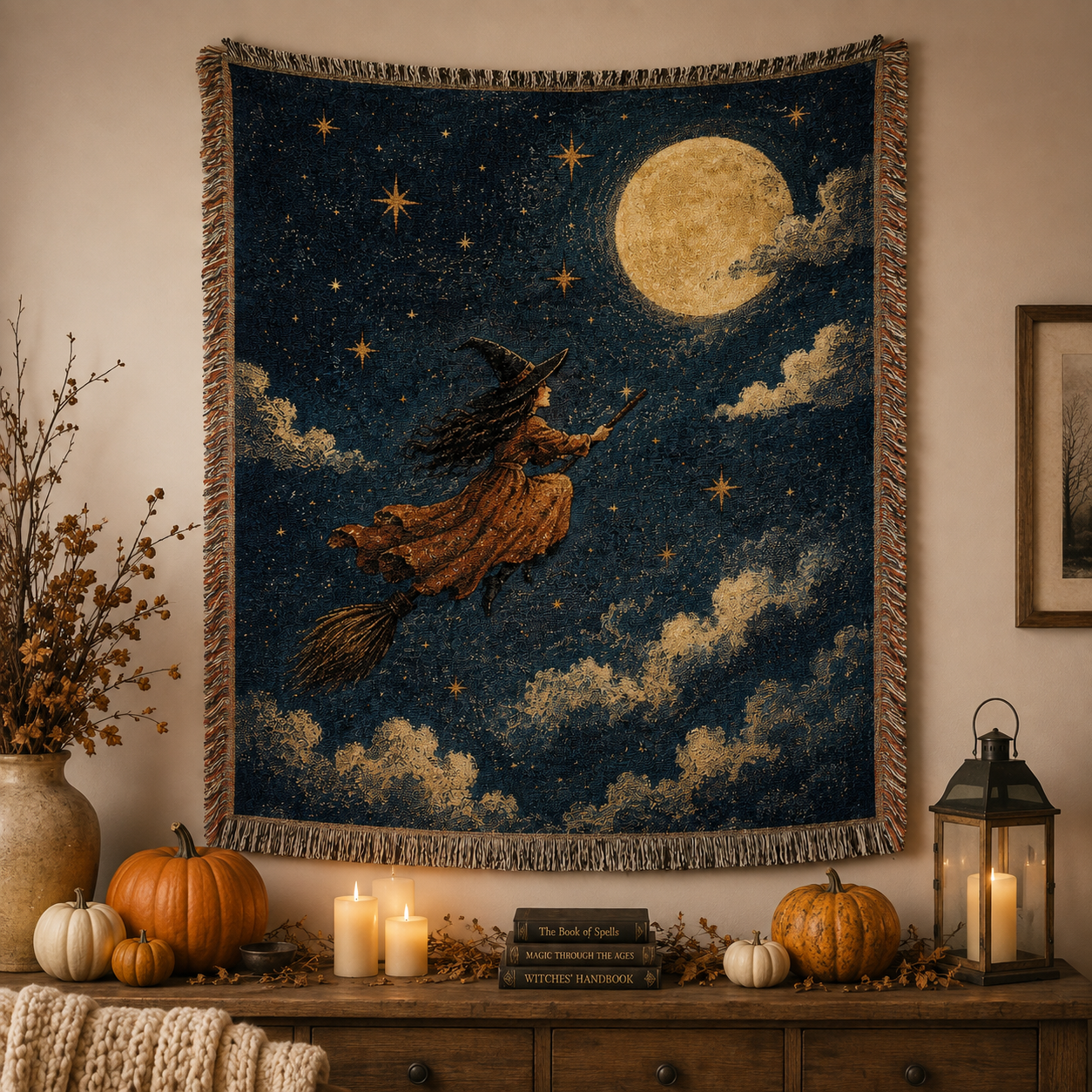 Moonlit witch Halloween woven blanket displayed as seasonal wall decor with fringe