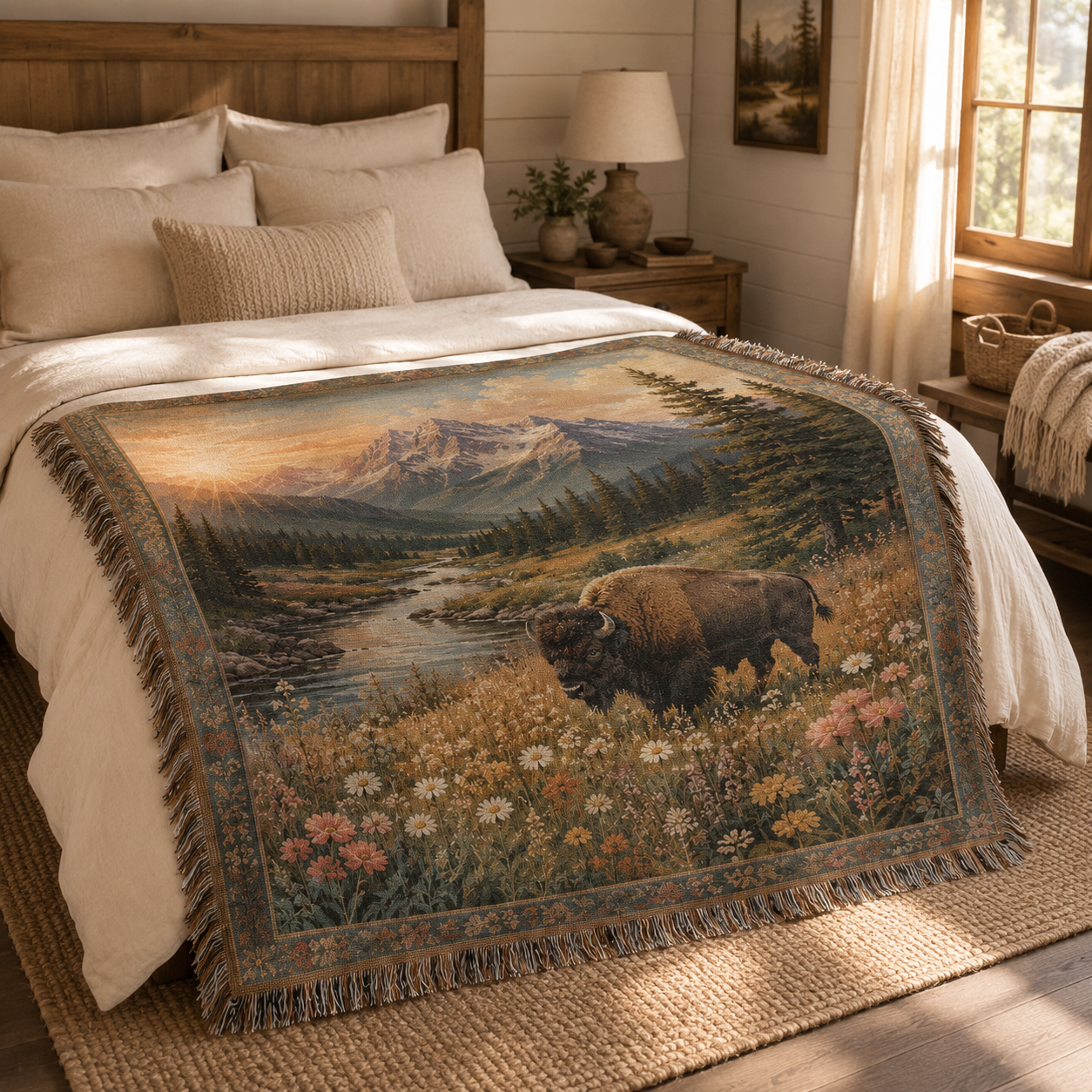 Mountain bison woven blanket displayed across a cozy rustic bed