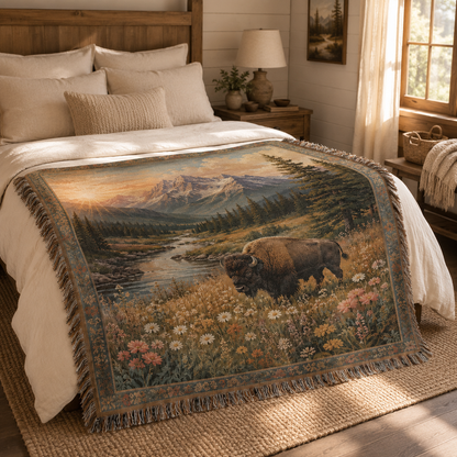 Mountain bison woven blanket displayed across a cozy rustic bed
