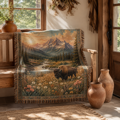 Mountain bison woven blanket styled on a rustic wooden bench