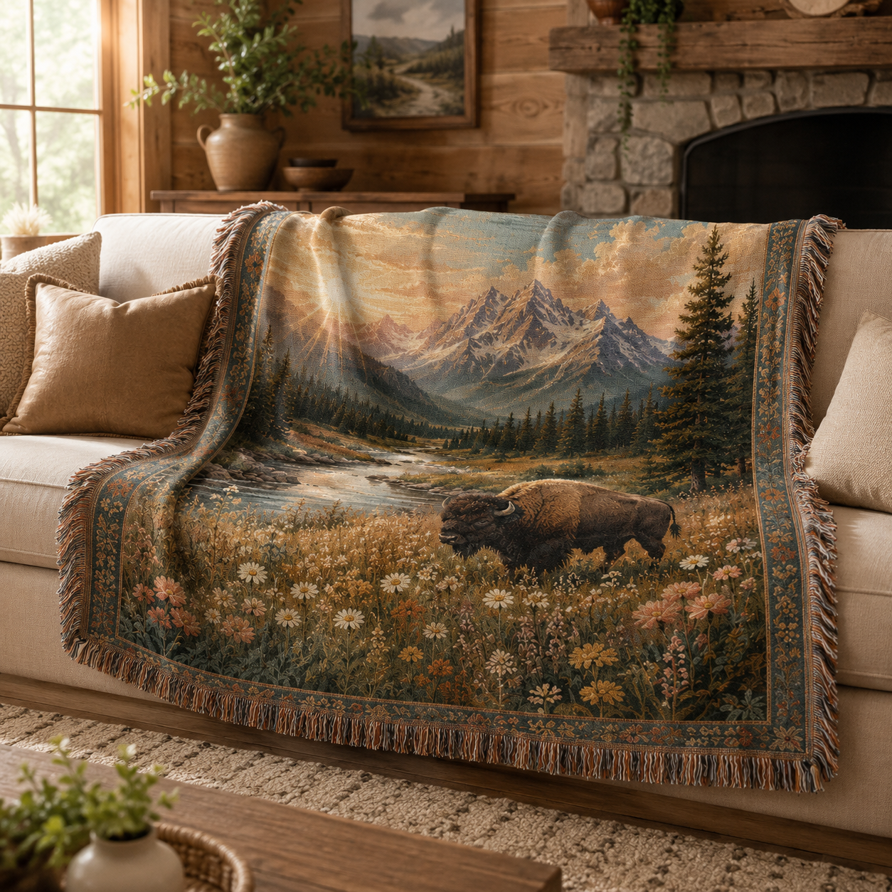 Mountain bison woven blanket styled on a rustic living room sofa