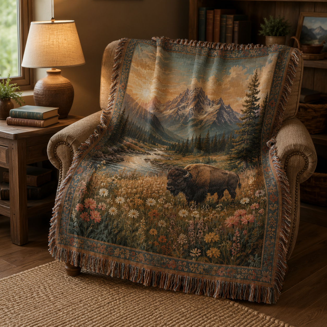 Mountain bison woven blanket draped over an armchair in a reading nook