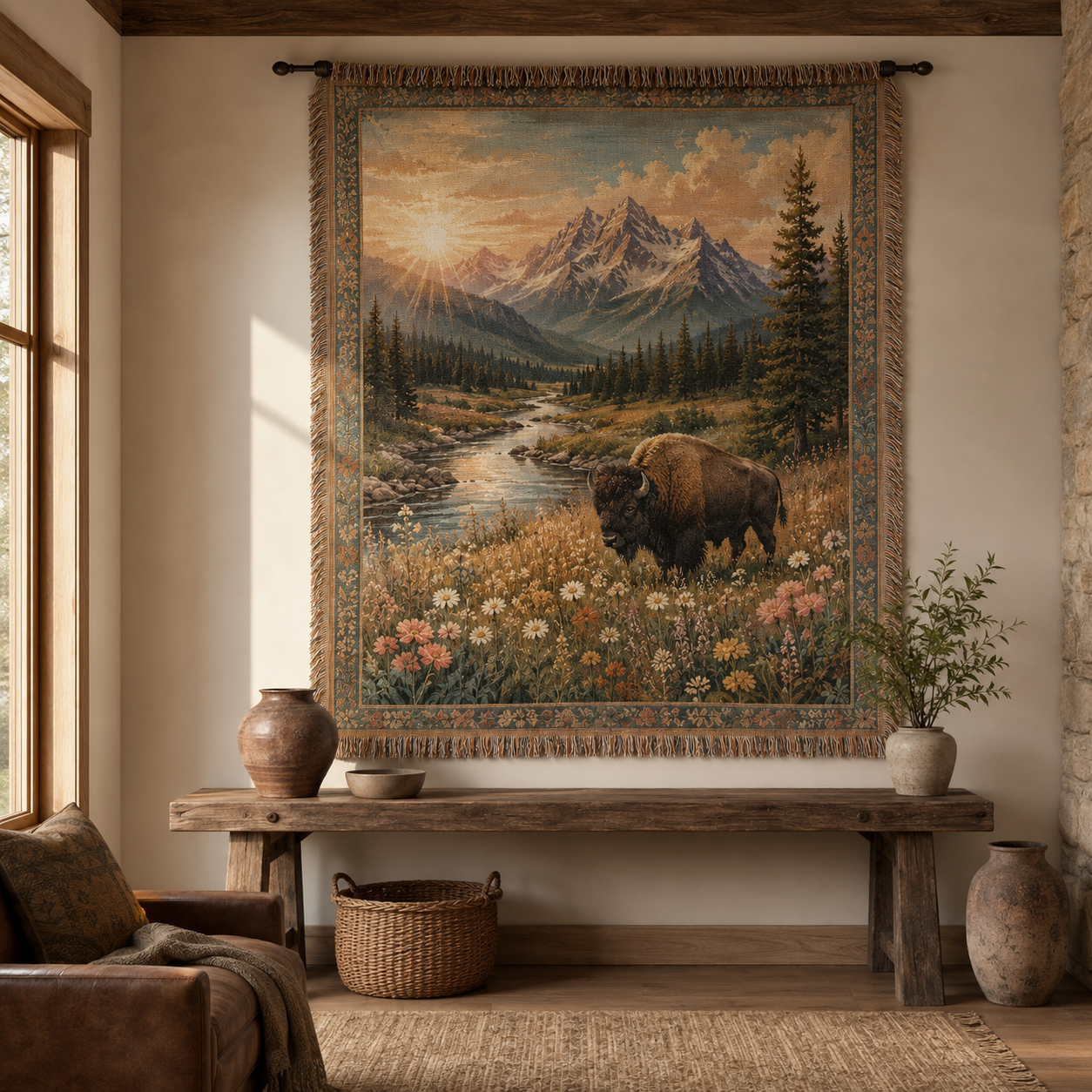 Mountain bison woven blanket displayed as rustic wall tapestry decor
