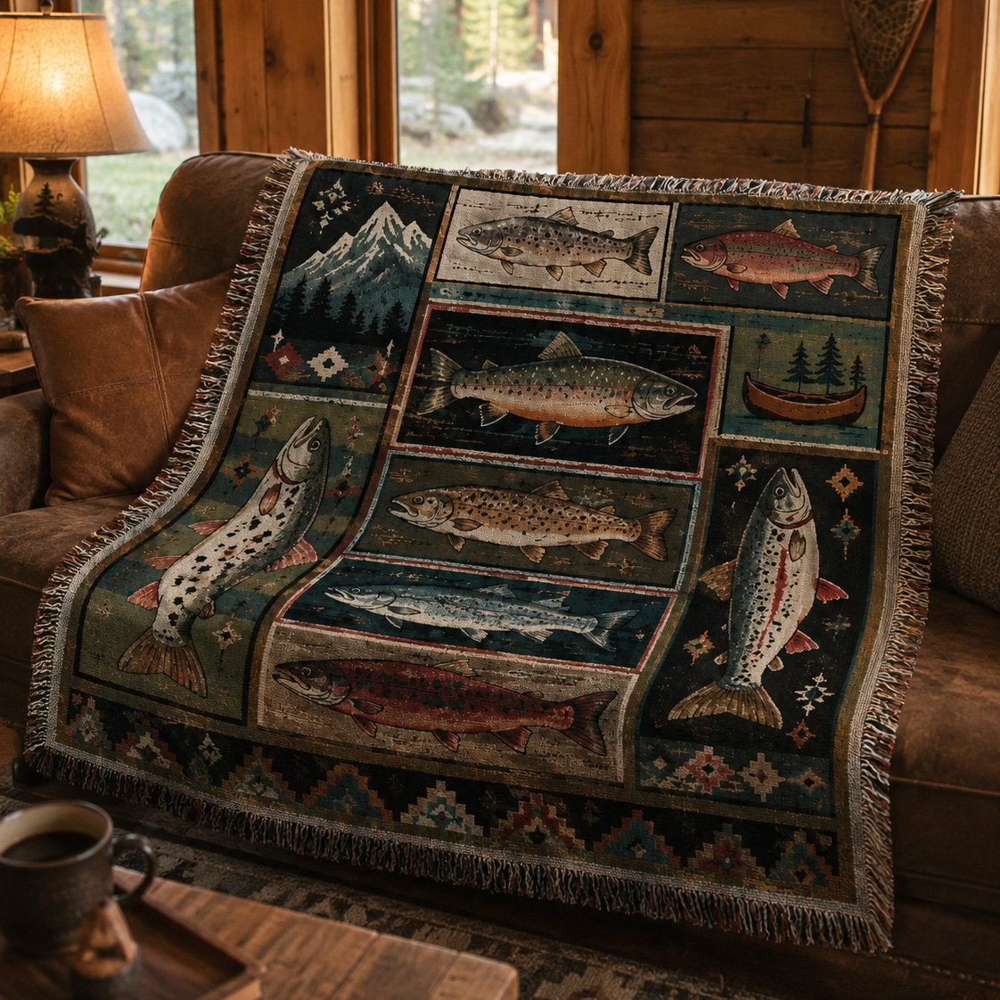 Mountain fish woven blanket styled on a rustic cabin sofa